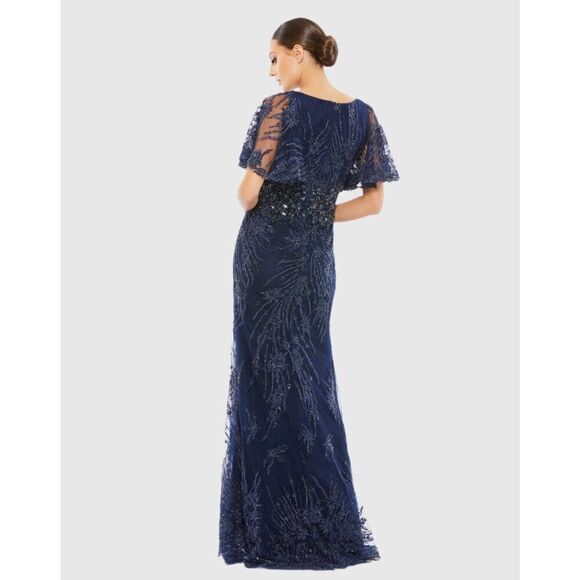 Mac Duggal Size 16 Dark Blue Floral Flutter Sleeve Evening Long Maxi Gown Dress - Picture 4 of 4